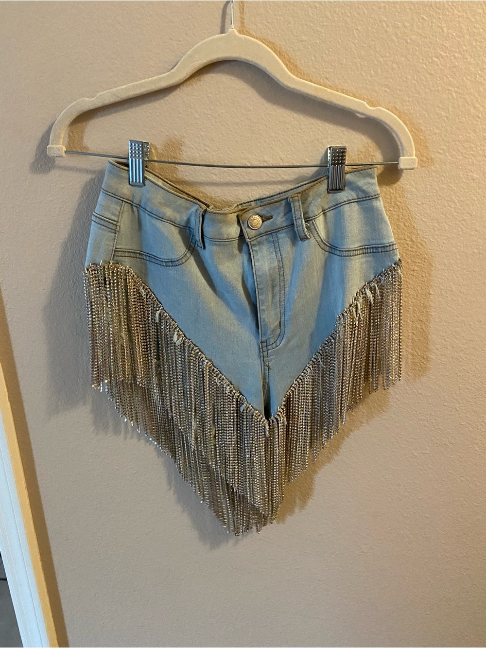 Silver-Trim Light Blue Denim Fringe Jean Shorts